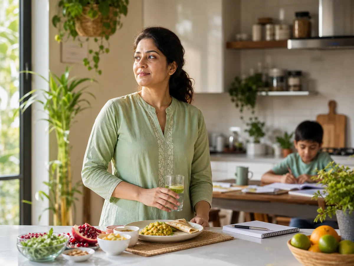 Indian woman making space for a realistic healthy routine at home